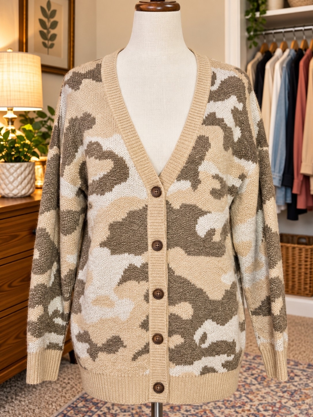 Cozy Camo V-Neck Button Cardigan - Beige